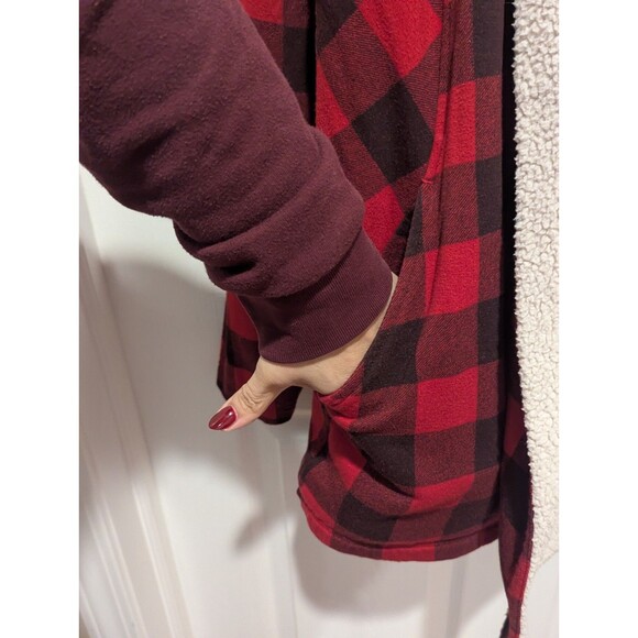 Eddie Bauer Women’s Medium Red Buffalo Plaid Open Front Sherpa Lined Cardigan - Picture 5 of 7